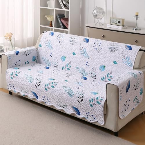 HOKIPO FloraWave Quilted Sofa Cover 3 Seater, Cloud White Botanic...