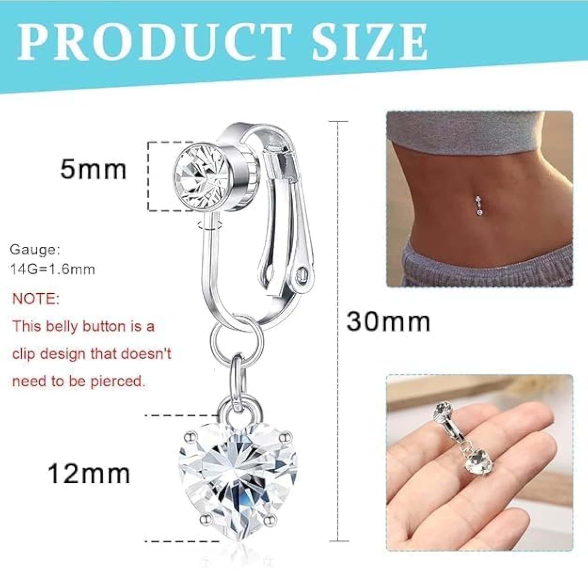 Fake Silver Belly Navel Clip, Non-Pierced Heart Dangle Jewelry
