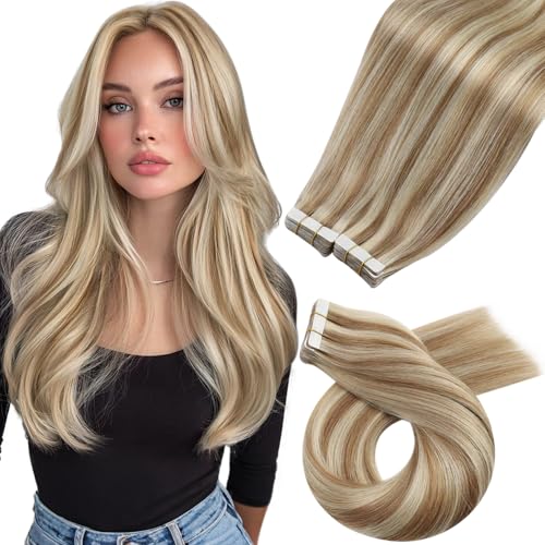 Image of Moresoo Blonde Skin Weft Tape Extensions Human Hair, 12 Inch, 40Pcs, 60g | Invisible Tape ins, Remy Straight Human Hair, Seamless Skin Weft, Short Hair Extensions, Fine Hair, Volume Boost, Style