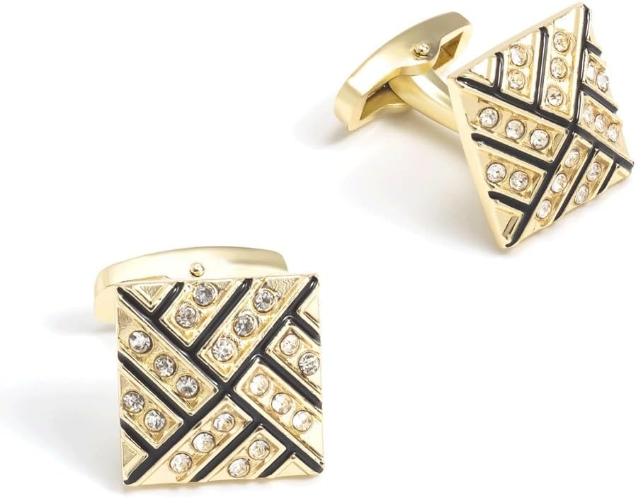 Square Plated Gold Metal-Alloy Cufflinks with Rhinestones French Cufflinks for Men