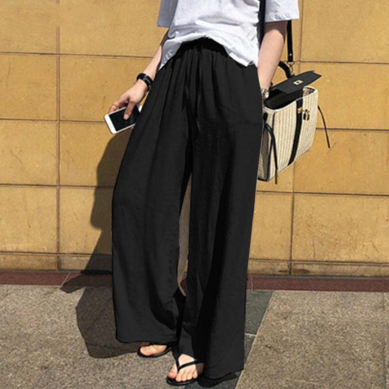 Akivide Wide Leg Linen Pants for Women High Waist Drawstring Summer Beach Casual Loose Cotton Palazzo Pants Pockets4