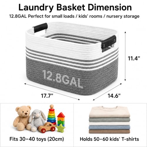 Image of 12.8GAL Small Cute laundry basket for nursery, Boho Square storage basket for Living Room Decor, Kids Girls Boys Toys Stuffed Animal Decorative Short Hamper for Dirty Clothes, Bath Towel Mix Black