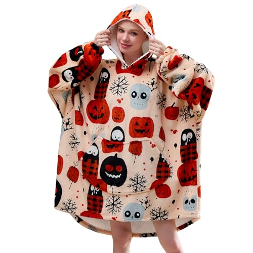 Moinlizy Blanket Hoodie Oversized Wearable Hooded Blanket for Adult Women and Men with Pocket Sherpa Hoodie Halloween Beige Pumpkin