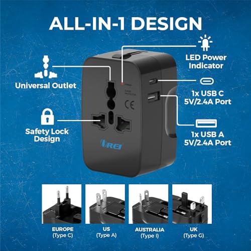 Image of Orei Universal Charger Adapter with Type C - 3 in 1 International Travel Adapter - Universal Travel Adapter All in one with 1 USB-A, 1 USB-C (2.4A Each) and Universal Output Socket - 10 Year Warranty