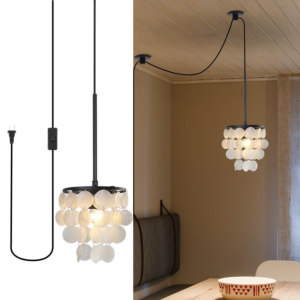 JC TOPA 14.76ft Capiz Shell Pendant Light Fixture, 7.87” 1-Light