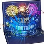 WUJUN Birthday Card 3D Musical Pop Up Card with Light, Unique Style Handmade Happy Birthday Card Greeting Cards with Envelope for Men, Women,Mother, Kids,Express Special Love (Blue Fireworks)