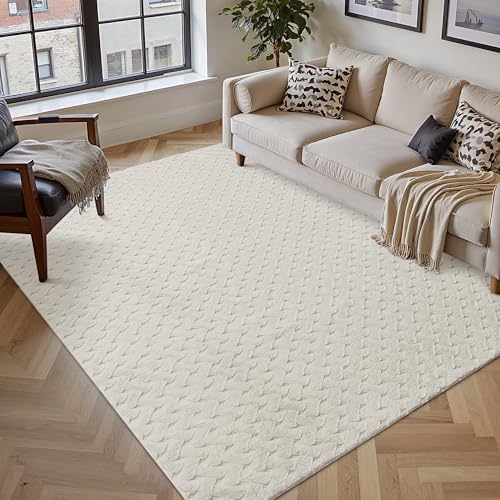 Teppich 160x230cm Creme Wohnzimmer Schlafzimmer Flauschiger Teppiche Waschbarer Weich Groß Fellteppich Carpet Modern rutschfest Esszimmer BüRo 3D Effect Rautenmuster Faux Fur Creme 160 x 230