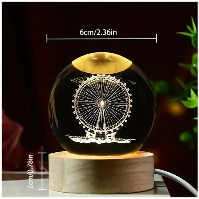 Image of 3D Crystal Ball LED Night Lamp with Wooden Base | Warm Light Bedside Table Lamp for Bedroom, Living Room, Kids Room, Study, Home Decoration & Gifting (Ferris)