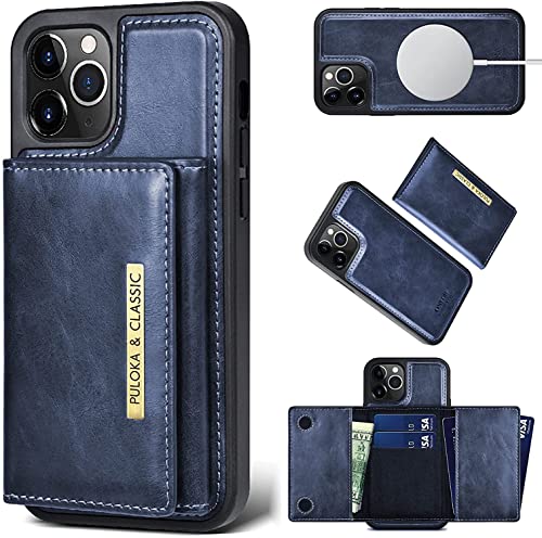 Image of PULOKA Wallet Back Case - Compatible with iPhone 14 Pro - Vegan Leather Phone Cover - Detachable Card Holder Case with Kickstand - Shockproof, Anti Scratch & Raised Edges for Protection - Blue