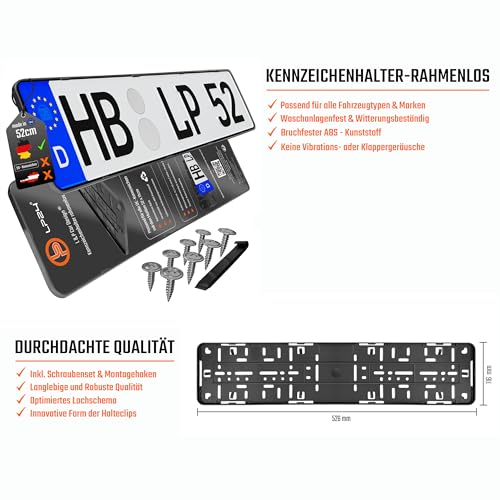 Kennzeichenhalter Rahmenlos Nummernschildhalterung 520x110mm inkl. 8 Schrauben [dezent & sicher] rahmenlose Kennzeichenhalterung Auto Nummernschildhalter Kennzeichen Halterung pkw schwarz 2 Stück