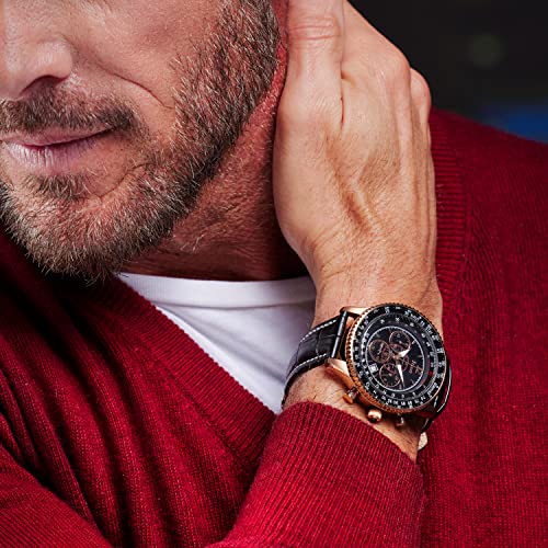 Stauer 1916 Midnight Flyboy Watch For Men – Vintage Style Chronograph Watch – Genuine Crocodile-Embossed Black Leather Watch Band – Stainless Back & Rose Gold Watch Case – Luxury Gifts For Me #TOP4