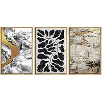 SIGNWIN Framed Canvas Wall Art White and Gold Pattern with Black-White Tropical Leaves Abstract Oil Painting Modern Expressive for Living Room, Bedroom, Office - 16