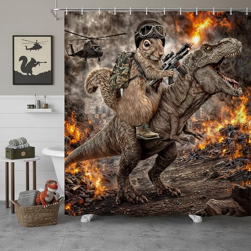 Image of Funny Squirrel Warrior Riding Dinosaur Shower Curtain, Waterproof Fabric Bath Curtain Set with Hooks, Funny Animal Shower Curtain for Kids Men Bathroom, 72X78 Inches