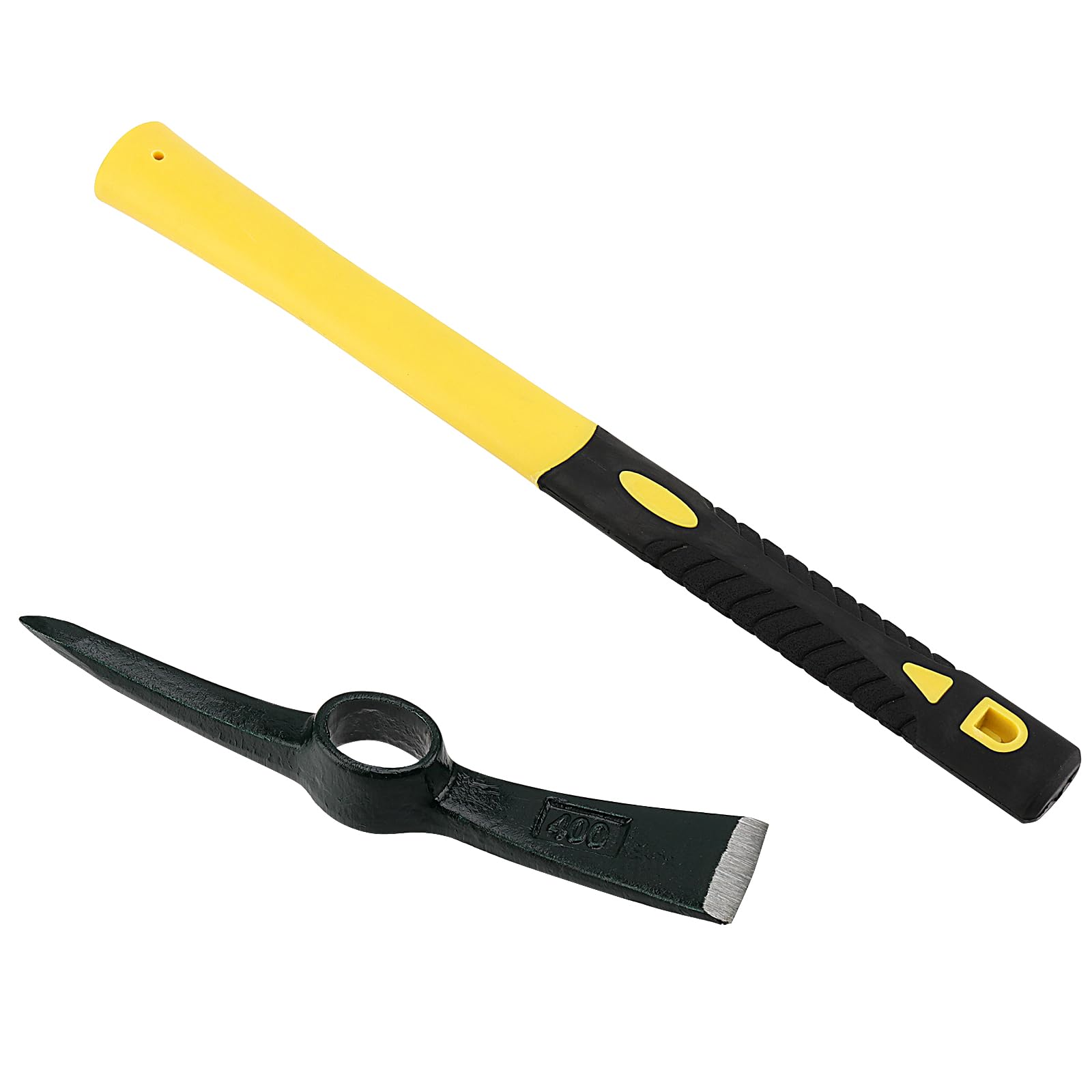 Piccone grande da giardino con testa forgiata in acciaio e manico in fibra di vetro rivestito in plastica (38 cm), piccone robusto, ideale per giardinaggio, campeggio