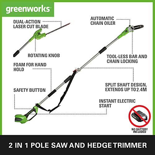 Greenworks G40PSH Cordless 2-in-1 Pole Saw and Pole Hedge Trimmer with Shoulder Strap, Pole Saw 20cm Bar, Trimmer 51cm Dual Action Blades, WITHOUT 40V Battery & Charger, 3 Year Guarantee