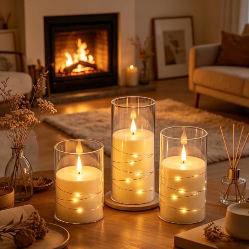 Image of Da by 3 Pack Ivory Transparent Acrylic Flameless Taper Candles, Flickering Black Wick LED Candles with Fairy String Lights, Heat Resistant ABS Candles with Remote for Home Patio Decor