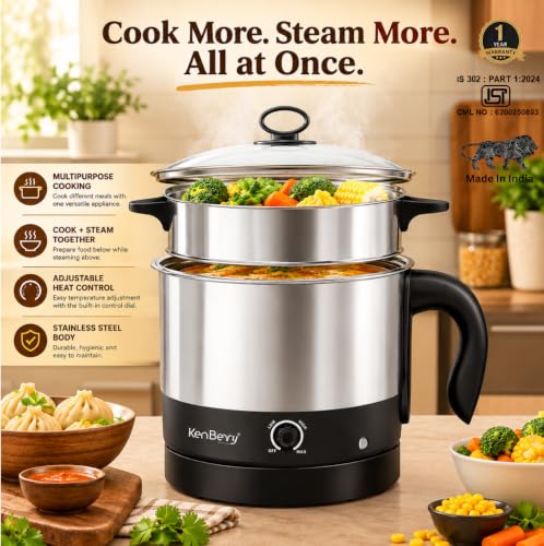Image of KenBerry Stainless Steel 600 Watts Handy Cook Multi Electric Kettle 1.5 L With Steel Steaming Basket