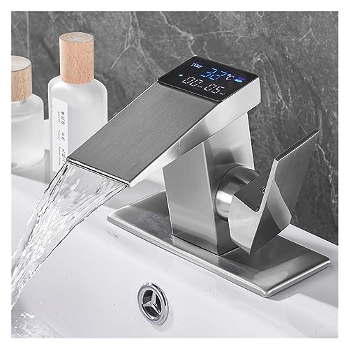 JQQJZLC Luxus High-Tech Digital Display Wasserhahn ℉℃ Badezimmerbecken Temperaturempfindungs ​​Wasserhahn Küche Spüle Mischen Wasserhahn Eitelkeit Wasserfall Wasserhahn (Farbe: Nickel)