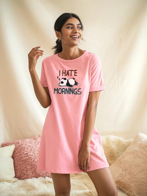 Image of Fflirtygo Women's Cotton Nighty | Printed Knee Length Night Gown |Relaxed Fit Nightwear |Short Nightdress| Long T-Shirt | Sleepwear & Casual Wear Nighty (Pack of 2)