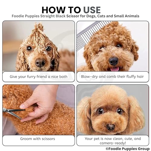 Image of Foodie Puppies Professional Straight (Black) Dog Grooming Scissors - Stainless Steel Pet Hair Cutting Shears with Finger Rest & Ergonomic Grip for Dogs & Cats, Precision Trimming Home Use Kit