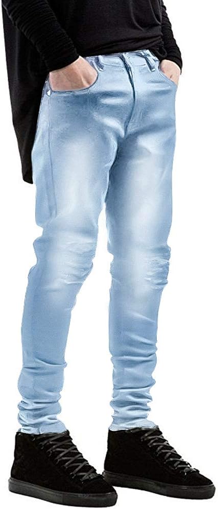 Qazel Vorrlon Men's Slim Fit Light Blue Stretch Destroyed Ripped Skinny Denim Jeans W34ร32L