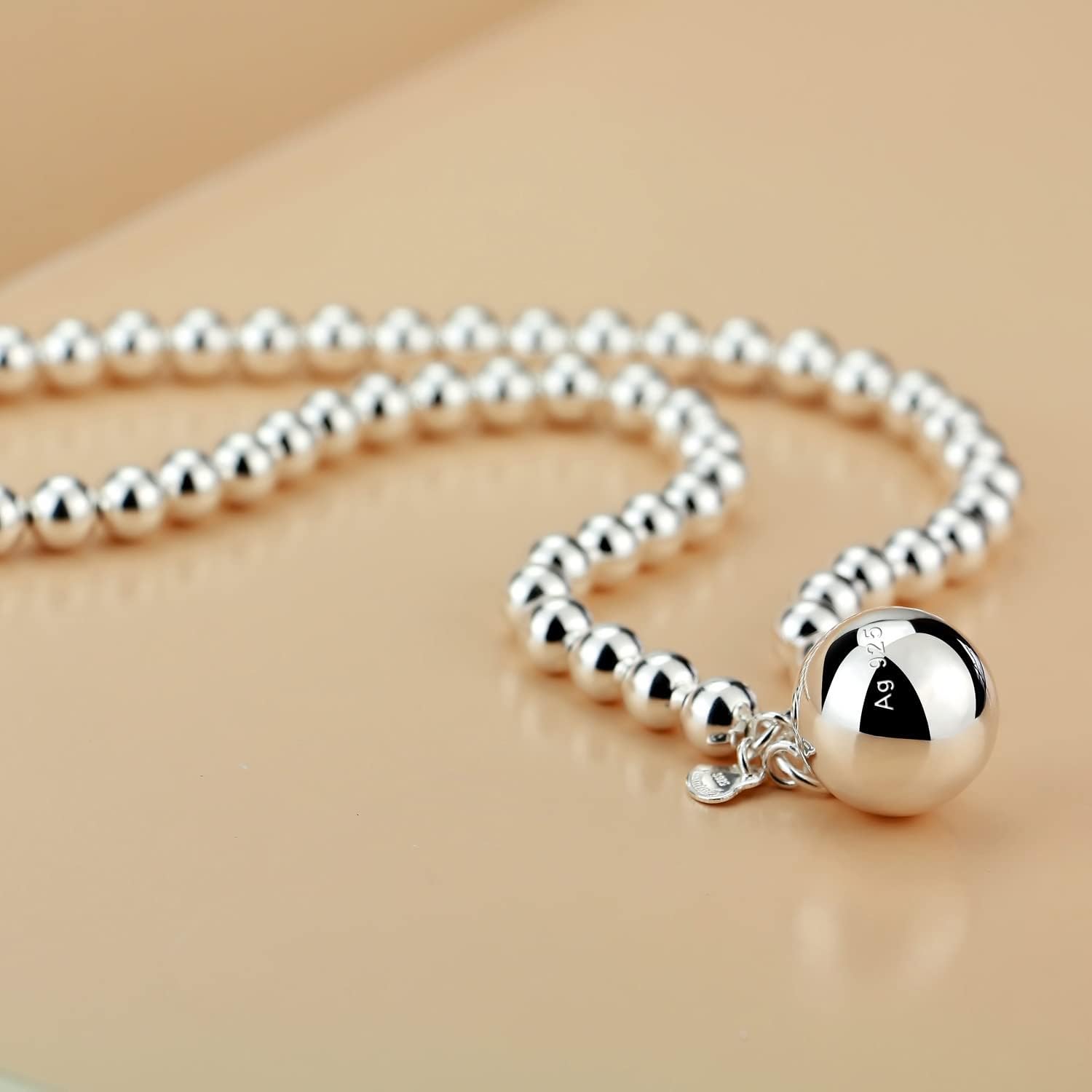 Dankadi Italy Fashion Women 925 Sterling Silver Bead Necklace Bell and Heart Pendant 4MM 6MM Round Prayer Beads Link Chain 18 "20" 22 "24" 26 "28" 30" 32" 34" Jewelry Gift - Image 9