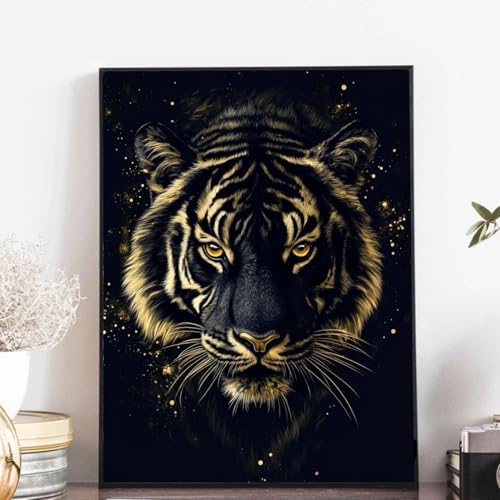 Toile pour salon avec portrait de tigre majestueux, grand format 80x120cm art doré