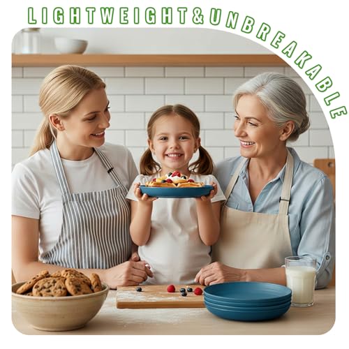 Image of 8In Wheat Straw Plates of 6, Unbreakable Deep Dinner Plates, Blue | Unbreakable & Lightweight Kids Dinner Plates for Kitchen, Camping, Party, Microwave and Dishwasher Safe