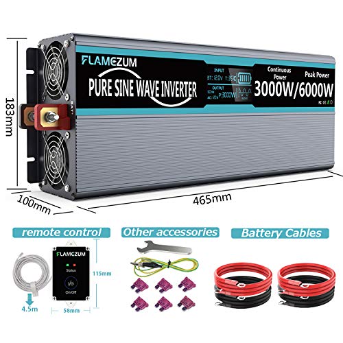 FLAMEZUM Pure Sine Wave Power Inverter 3000Watt DC 12 Volt to 120Volt Peak Power 6000Watt with LCD Display and Remote Control 2X 2.4A USB and 4X AC Outlets