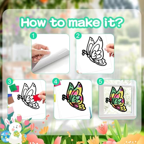 Ntwdby 12 Stück Basteln Frühling Ostern Kinder, Frühling Ostern Fensterdeko zum Basteln mit Osterhasen, Küken, Schmetterlingen, Eiern, DIY Fensterbilder mit Buntglas-Effekt, Ostern für Fenster Party