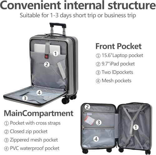 Image of 3Pcs (20 /24 /28) Luggage Set, Lightweight HardShell Suitcase with Wheels | Only 20 inch with Front Pocket 21.65*15.35*7.87 inch Fits Overhead Cabin, 24 inch 28 inch Checked Luggage,YKK Zipper,TSA Lock,Grey