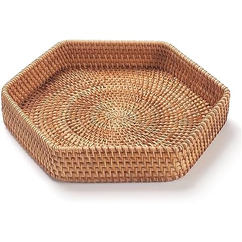 DECRAFTS Hexagon Rattan Serving Tray for Coffee Table Woven Decorative Basket Trays for Ottoman Natural (9.8inch x 2inch) Cover