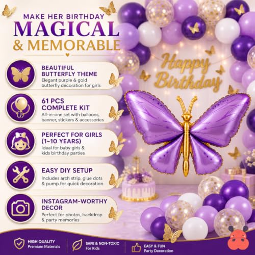 Image of 62Pcs Purple Butterfly Birthday Decorations for Girls - Pastel & Dark Purple, White, Gold Balloon Garland Arch Kit with 3D Butterfly Wall Stickers, Happy Birthday Banner, Pump (9th Birthday)