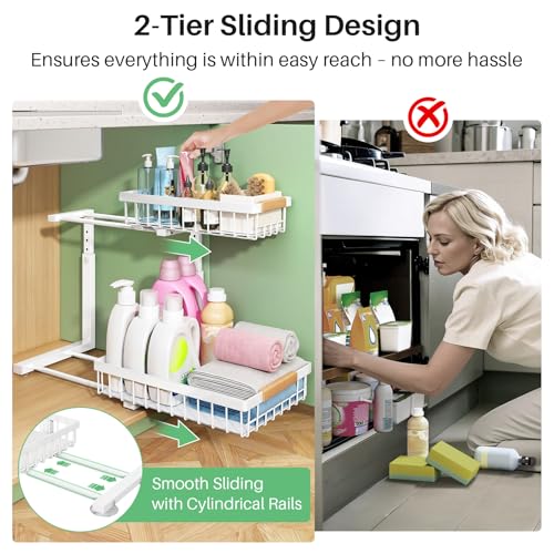 Image of Kitstorack Under Sink Organizer, 2 Tier Under the Sink Storage, Slide out Pull out Cabinet Organizer Shelf, Metal Sliding Drawer for Kitchen Bathroom Pantry Closet Organization Rack, White, 1 Pack