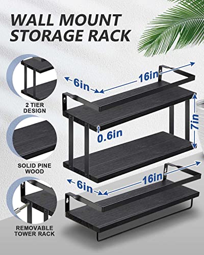 Trongle 3 Tier Black Rustic Wood Floating Shelves, Black Bathroom Shelves, Kitchen Floating Shelves, Floating Book Shelves For Wall, Suitable For Bathroom, Kitchen, Bedroom With Towel Rail #TOP2