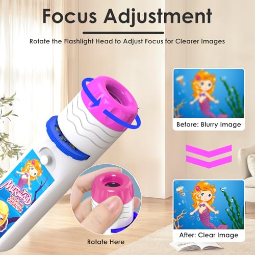 Image of Pup Go Mermaid Projector Flashlight for Kids Ages 3+, Ideas Christmas Stocking Stuffers Gifts for Girls, Pink Fairy Little Mermaid Toys, 3 Discs 24 Images, Kid Night Light Projector