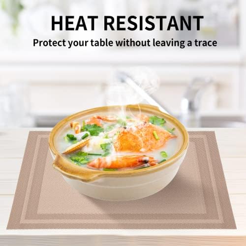 VINILITE PVC Woven Placemat Sets of 6, Washable Heat Resistant Non-Slip Table Placemats for Kitchen Restaurant Dinner Home Decor, Gift Package, Rectangle Stripe Side, 45 x 30cm, Brown