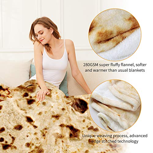 Burrito Tortilla Throw Blanket, 2.0 Double Sided Burritos Taco Tortilla Wrap Blankets for Adults Kids, Giant Funny Realistic Food Blankets, Soft Flannel Round Throw Blanket