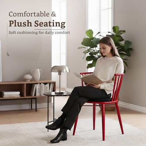 Image of Amazon Brand- Solimo Iron Chair with Cushioned Seat | Comfortable & Plush Seating | Rustic Finish | Durable Metal Frame | Ideal for Living Room, Dining & Bedroom | Set of 2 | Red