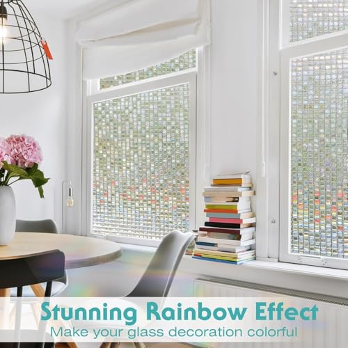 Image of CREON Window Privacy Film Stained Glass (24 X 508 Inch) Rainbow Mosaic Decorative Static Glass, Removable Vinyl UV Blocking Stickers for Home,Office