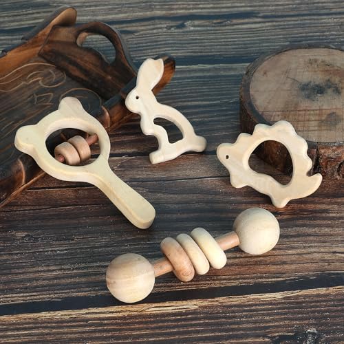 Image of Babbles Neem Wood Teethers for Babies | Wooden Teethers for 6 to 12 Months Baby | Natural and Antibacteria (Rabbit+Turtle+Dumbbell+Micky)
