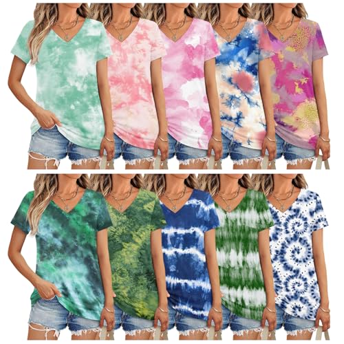 10 Pack Women’s Short Sleeve V-Neck T-Shirts Casual Loose Trendy