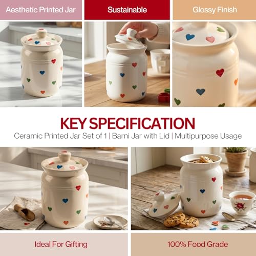 Image of Multi Heart Printed Ceramic Handglazed Pickle Jars Set of 1-1000 ML Each | 1 kg Achaar Martban Barni Jar with Lid | Ceramic Storage Jar Container Pickle, Chatney