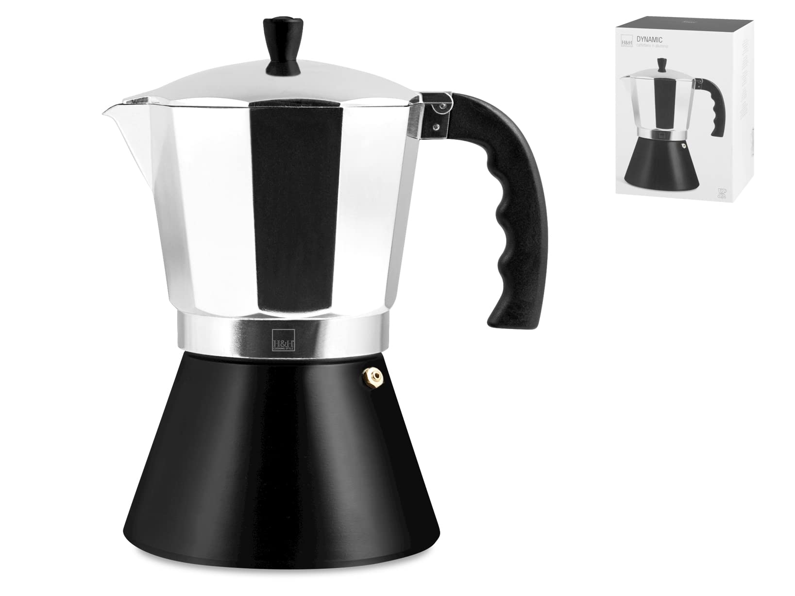 H&H Dynamic 12 Cup Coffee Maker - Aluminium with Induction Base - Suitable for Induction and Gas Hobs - Modern and Elegant Design