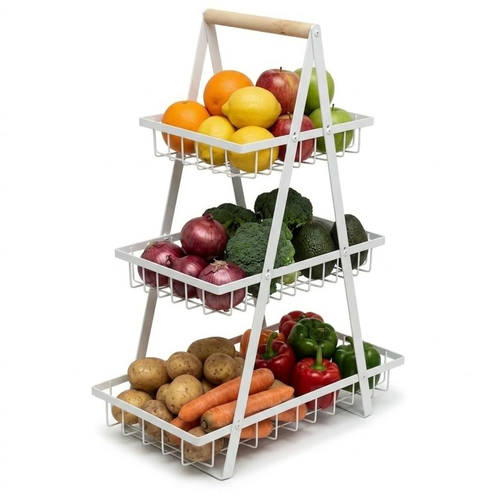 Portafrutta a 3 Ripiani – Contenitore per Frutta e Verdura per Piano di Lavorazione Cucina, Cestino per Frutta e Verdura a 3 Livelli, Contenitore Multipiano per Verdura, Cucina in Metallo
