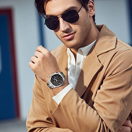 BY BENYAR Uhren Herren Chronograph Analog Quarz Wasserdicht Armbanduhr Herren Mode Lässig Business Herrenuhr mit Kalender Lederarmband/Edelstahlarmband Uhr Geschenk für Männer – Bild 3