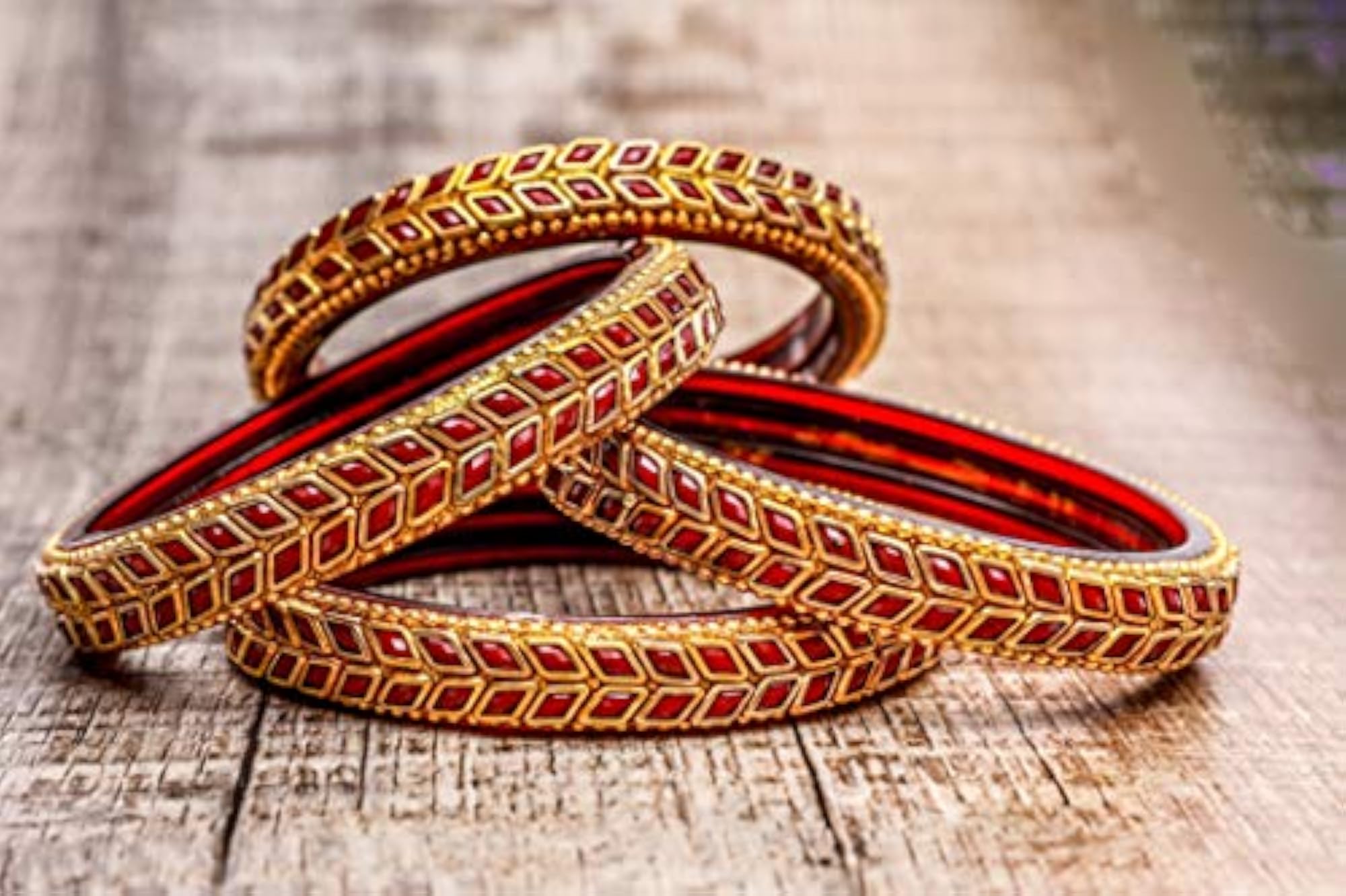 Golden Diamond Cutting Glass Bangles Kadas Set, Size 2.4, 2.6, 2.8