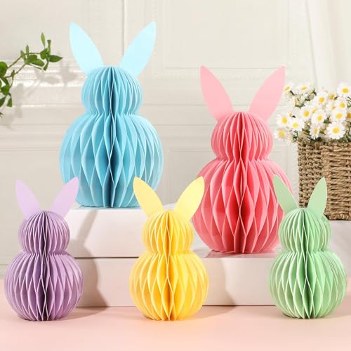 Naozinebi 5Pcs Easter Bunny Honeycomb Centerpiece Easter Party Table Decorations 3D Paper Rabbit with Magnet Pastel Table Ornament for Home Office Kitchen Easter Gift Holiday Party Table Supplies by Naozinebi - Used condition - US$7.15