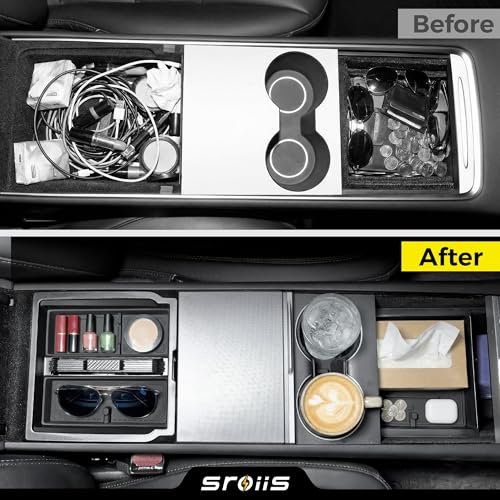 Sroiis® Gen 2 Double-Layer Center Console Organizer Set for Tesla Model Y Juniper Accessories (2025 2026) True 2-Tier Storage System [ Upper Tray + Hidden Lower Compartment ] - 3PCS Jet Black by Sroiis - Image 8