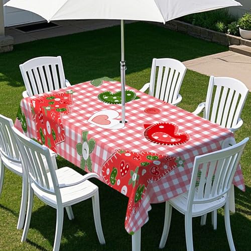 ENEN Mantel Mesa Rectangular con Agujero para Sombrilla y Cremallera, Estampado de Corazones Mantel Exterior Impermeable Antimanchas Jardin para Patio Fiesta (Cuadros,305x152cm)